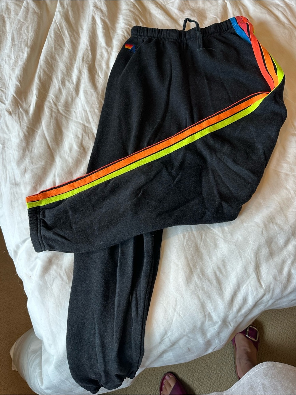 Aviator Nation Unisex Black Sweat Pants with Neon Rainbow Stripe, size S